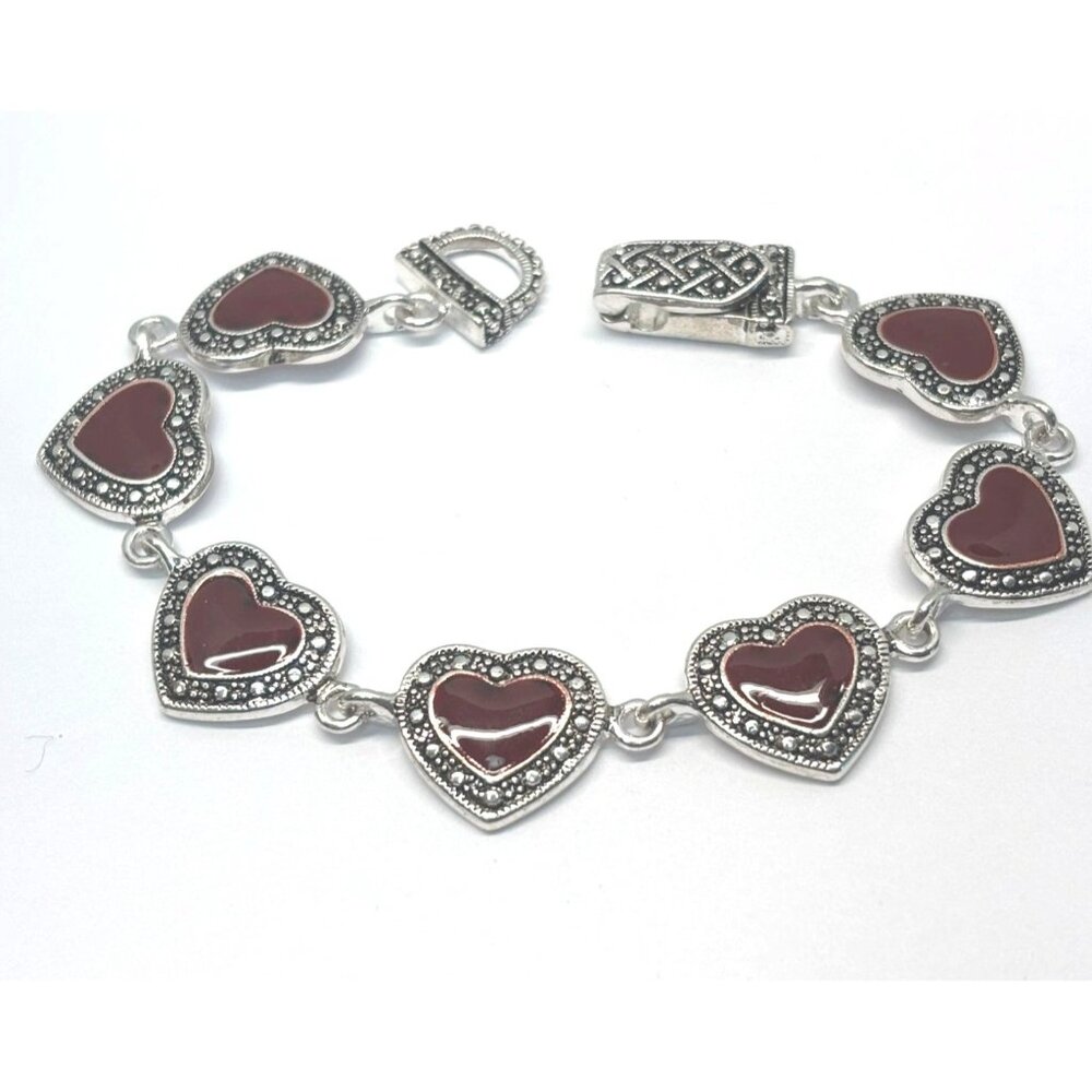 Vintage Silver-Tone Red Heart Link Bracelet With Marcasite Accents & Toggle Clas